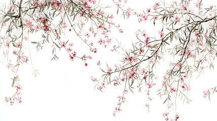 Delicate Cherry Blossoms in Bloom Against a Soft White Background in Spring Season