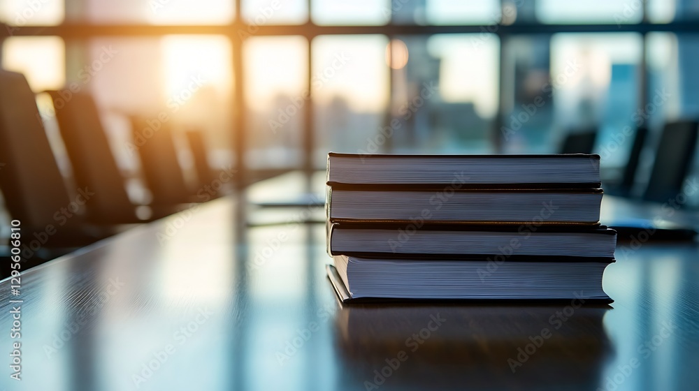 Aufkleber stack of books on a conference table with a city skyline at sunset : generative ai