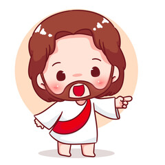 Cute Jesus chibi pointing hand cartoon character. Christian Catholic concept design. Vector icon mascot illustration.