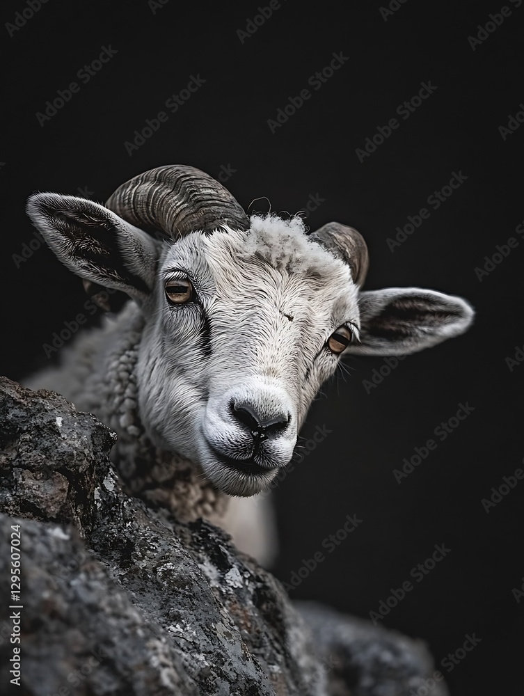Poster Closeup of a sheep's face showing intricate details of fur and captivating gaze against a dark background : Generative AI