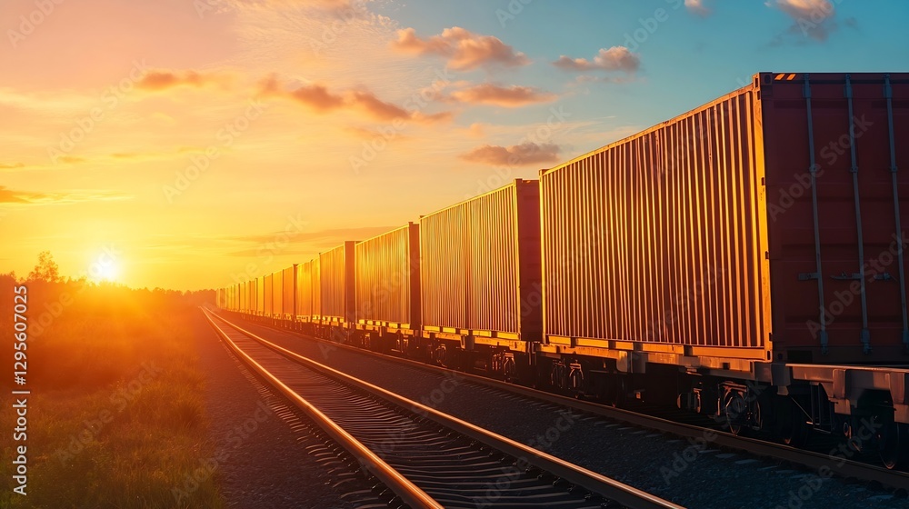 Poster a train loaded with freight containers moving along a railway track at sunset : generative ai