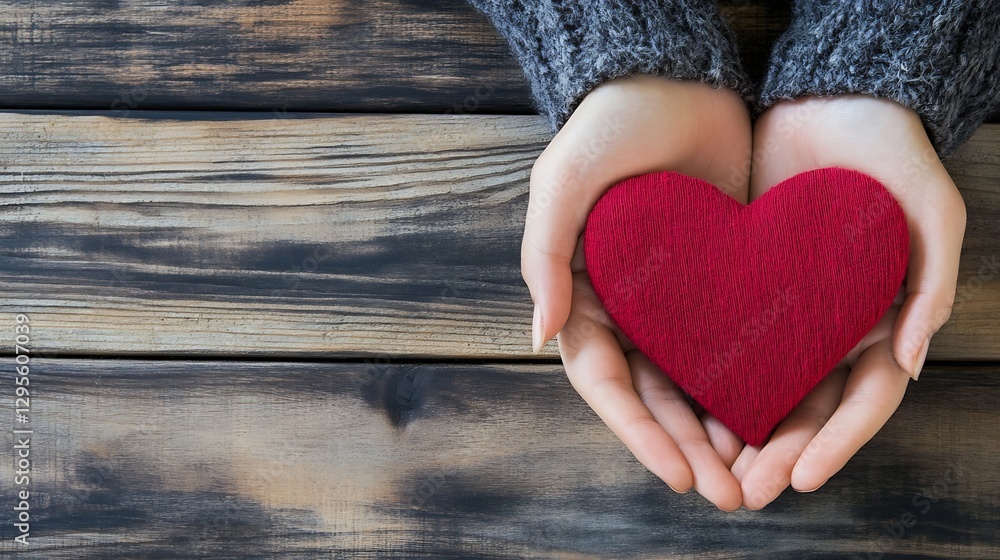 Poster pair of hands holding a red heart shaped cushion on rustic wooden background symbolizing love and ca