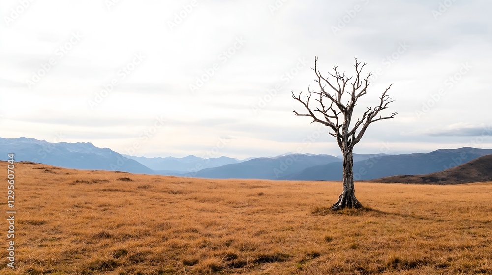 Poster Lonely lifeless tree on a barren field against a backdrop of mountains : Generative AI