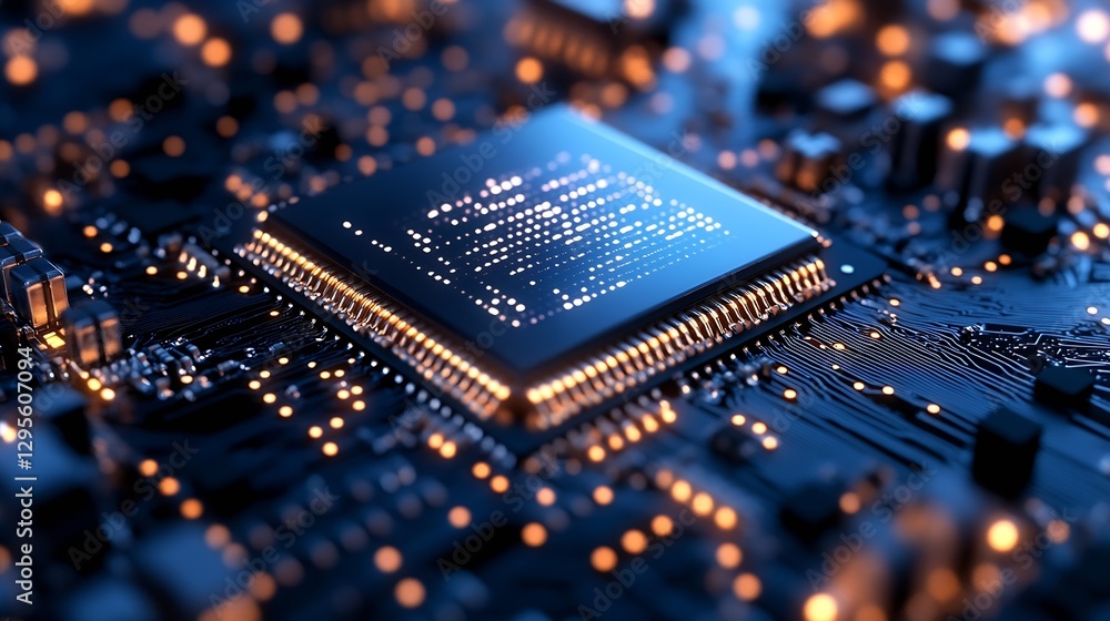 Poster Abstract Close Up of a Modern Microchip with Glowing Lights and Circuitry : Generative AI