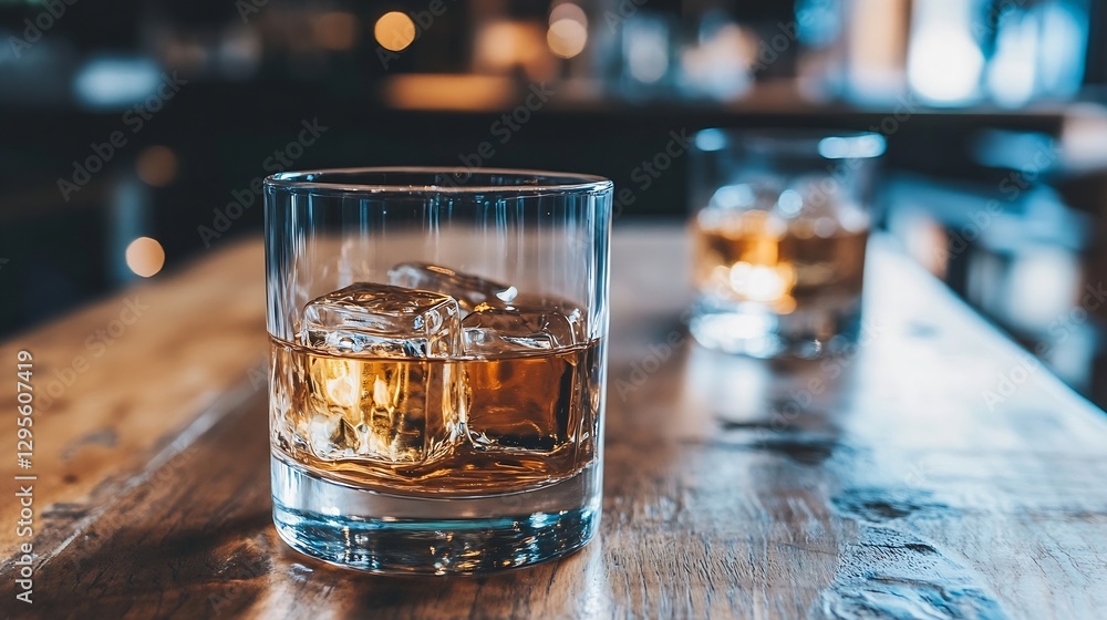 Poster Whiskey Glasses with Ice Cubes on Rustic Wooden Table and Blurred Background : Generative AI