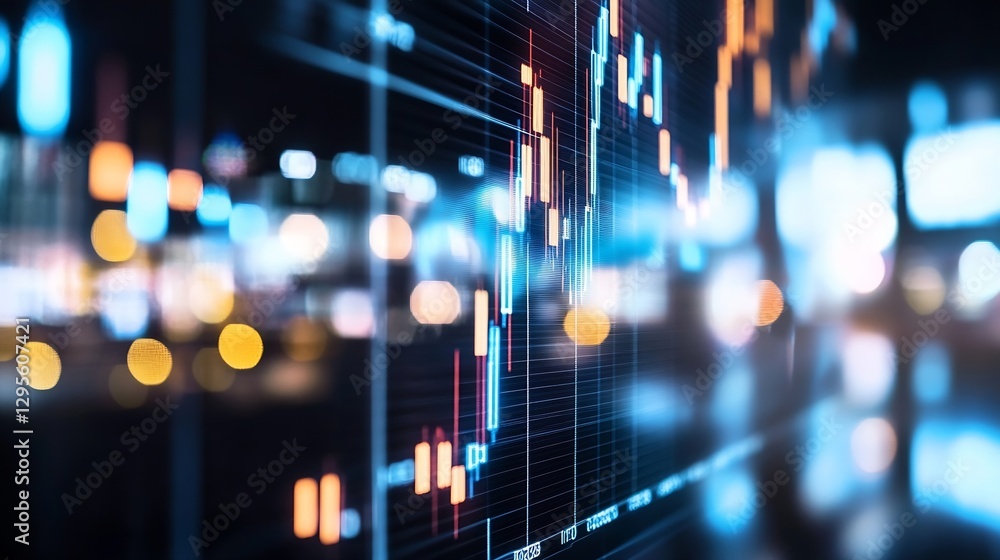 Poster Abstract representation of stock market trends with colorful display of fluctuating data on a digital screen : Generative AI