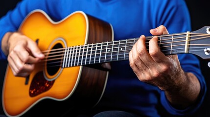 Obraz premium Live acoustic guitar performance indoor studio music content close-up view artistry concept
