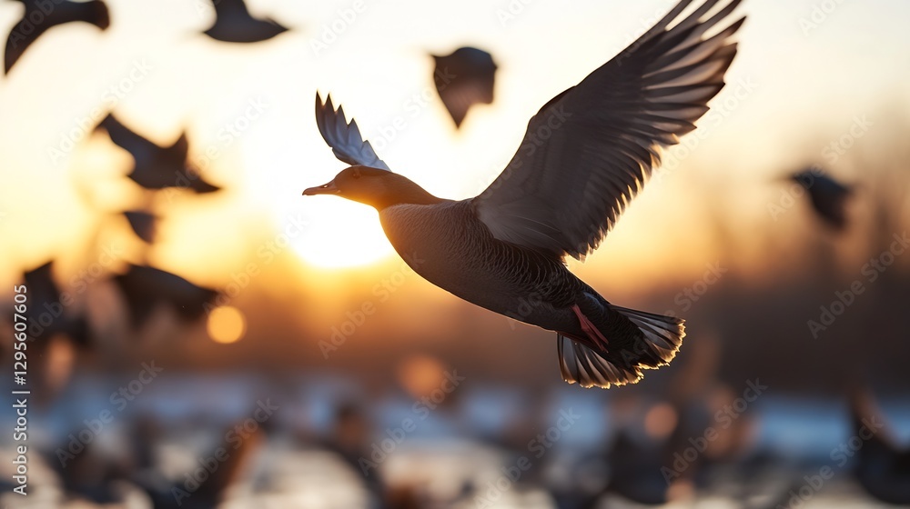 Poster bird in flight at sunset illuminated by golden light and surrounded by flocking birds : generative a