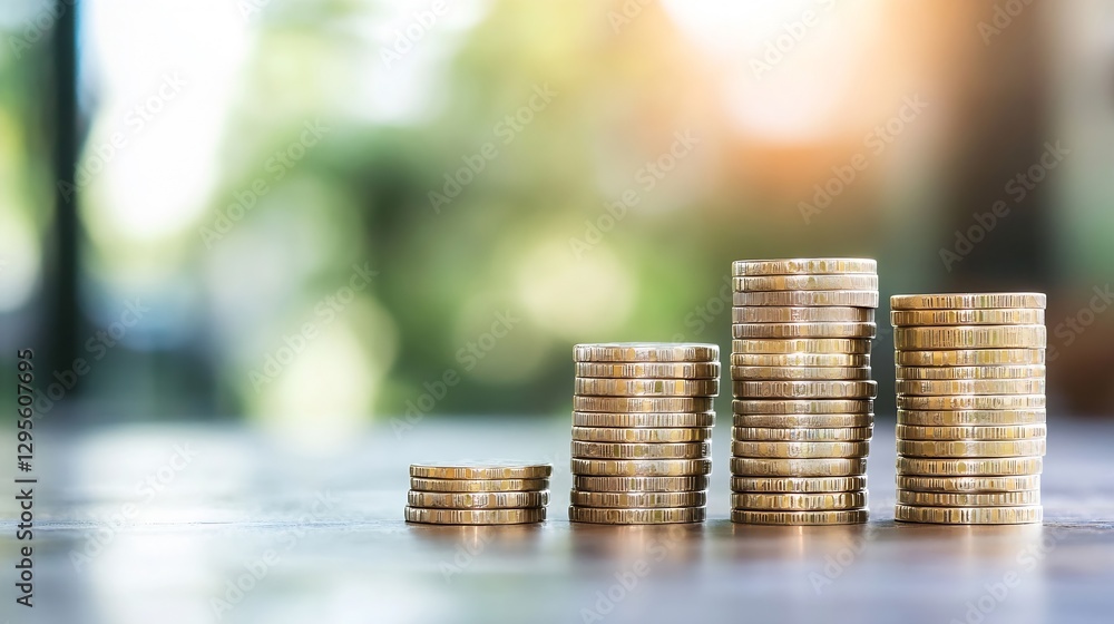 Poster stacks of shiny gold coins growing in height on a blurred background representing wealth and prosper