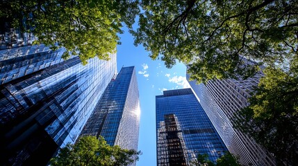 Sunny day view of skyscrapers framed by lush green trees creating a vibrant urban landscape : Generative AI