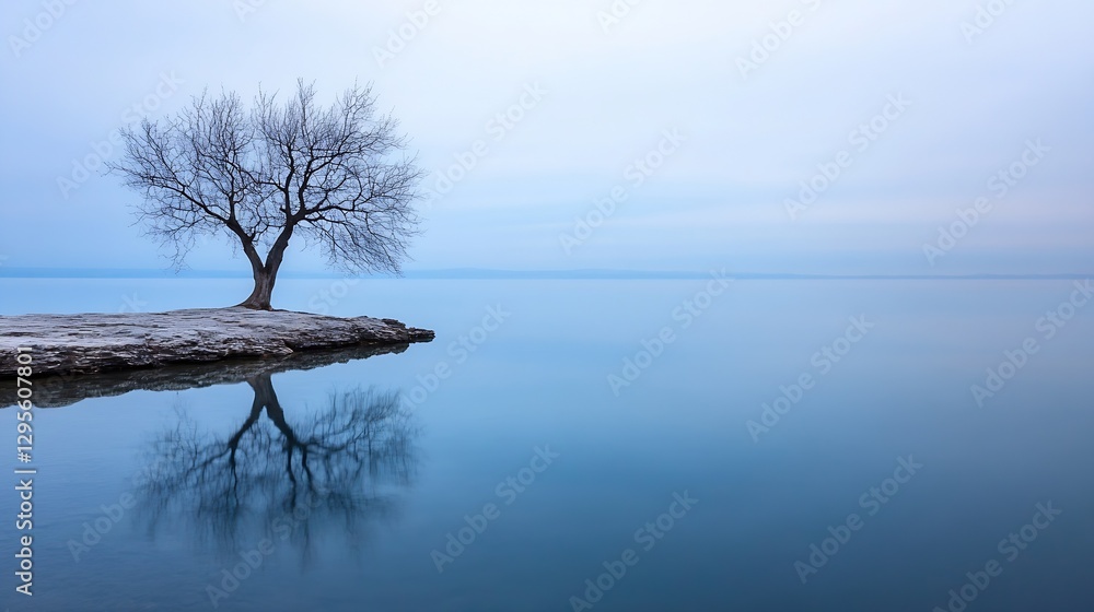 Aufkleber Lonely bare tree reflecting on calm water surface under a soft grey sky creating a tranquil ambiance : Generative AI