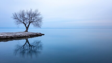 Lonely bare tree reflecting on calm water surface under a soft grey sky creating a tranquil ambiance : Generative AI