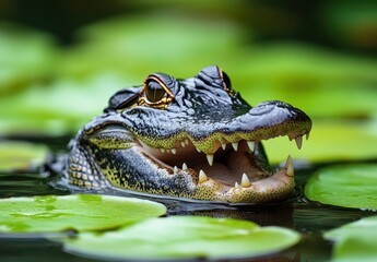 Fototapeta premium Close-Up Portrait of a Crocodile Head Emerging from Water Surrounded by Green Lily Pads in a Natural Habitat Setting