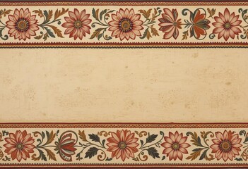 A close-up of a kalamkari art design with intricate floral patterns and vibrant colors