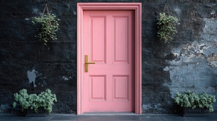Fototapeta premium Soft pastel pink door with brass handle against dark charcoal wall