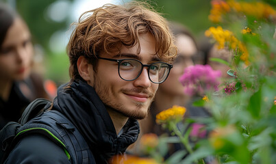 Smiling young man in glasses amidst flowers