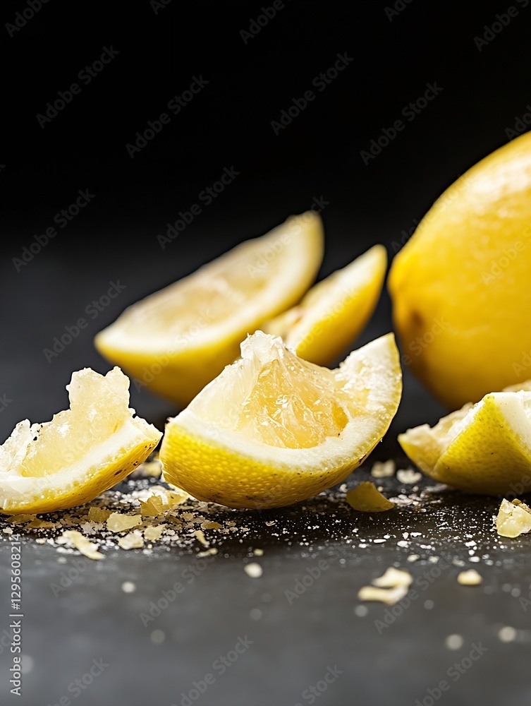 Fototapete artistic capture of fresh lemon segments broken apart with zest and juicy pulp exposed on a dark sur