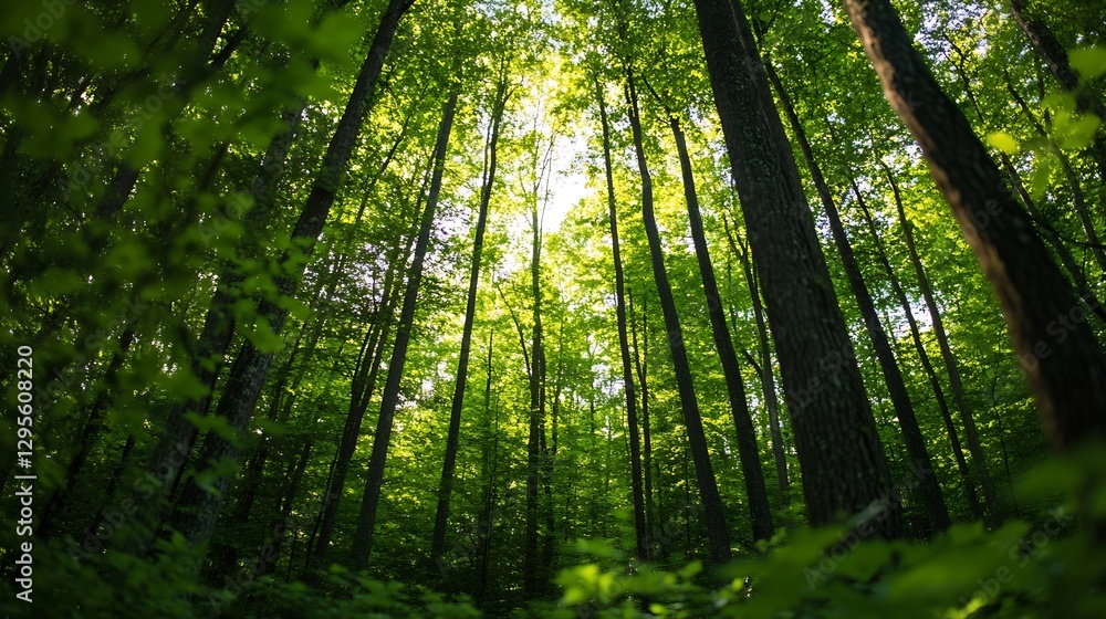 Poster lush green forest with tall trees creating a vibrant canopy for nature lovers : generative ai