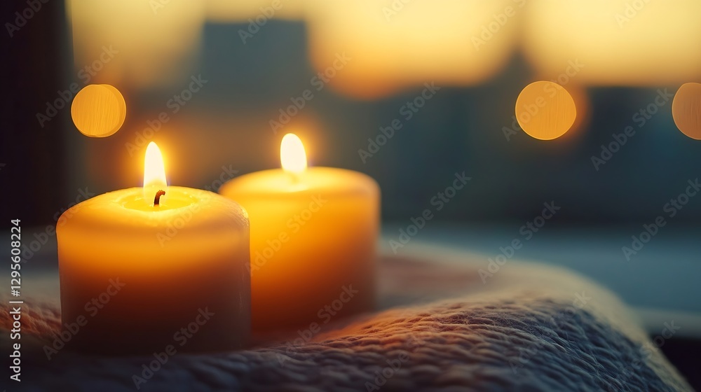 Poster warm flickering light from two candles at sunset creating cozy ambiance in indoor setting : generati
