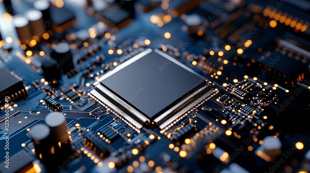 Poster Close-Up of a Circuit Board with Microchip and LEDs : Generative AI