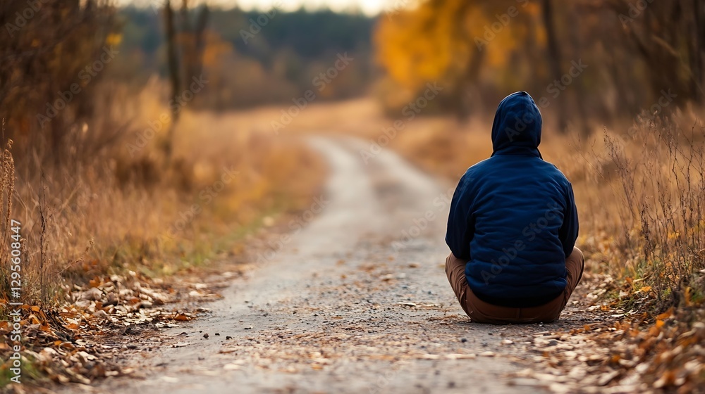 Poster person sitting alone on forest pathway during autumn with beautiful foliage surrounding : generative