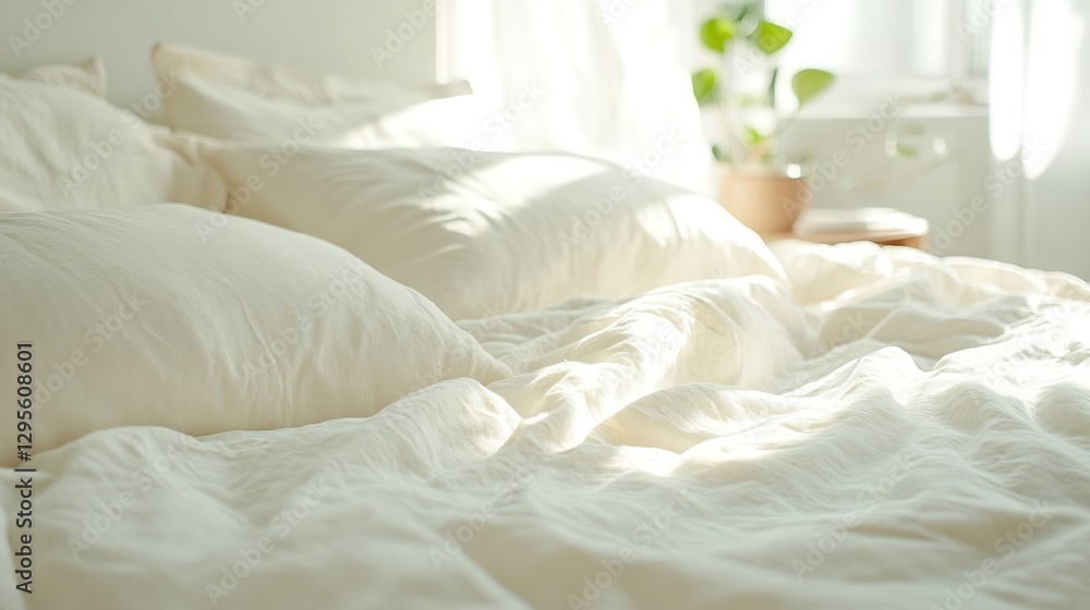 Poster cozy and inviting bedding with soft pillows bathed in natural light indoors : generative ai