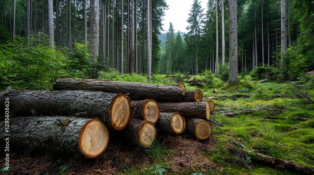 Poster logs stacked in a lush green forest highlighting sustainable forestry and natural resources : genera