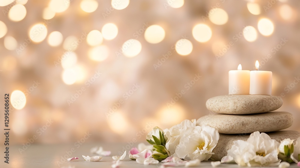 Poster relaxing spa scene with candles and flowers for calming ambiance : generative ai