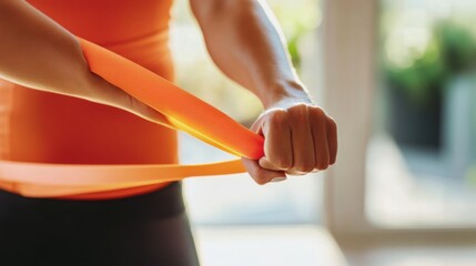 A person using a resistance band to stretch an injured elbow in a bright, minimalist home gym. Featuring rehabilitation and injury care