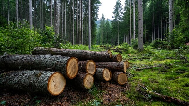 Logs stacked in a lush green forest highlighting sustainable forestry and natural resources : Generative AI