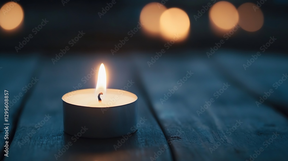 Poster Elegant candle flickering softly on a wooden table creating a calming atmosphere : Generative AI