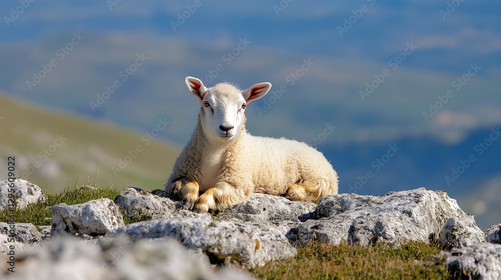 Poster Adorable sheep resting on rocks with a soft landscape backdrop in the mountains : Generative AI