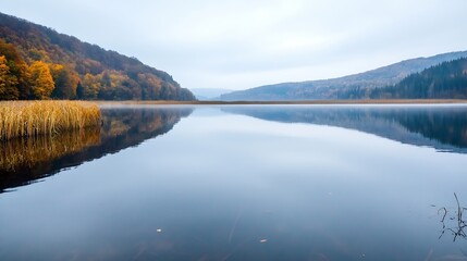 Serene autumn landscape reflecting trees and foliage in calm lake water under a cloudy sky : Generative AI