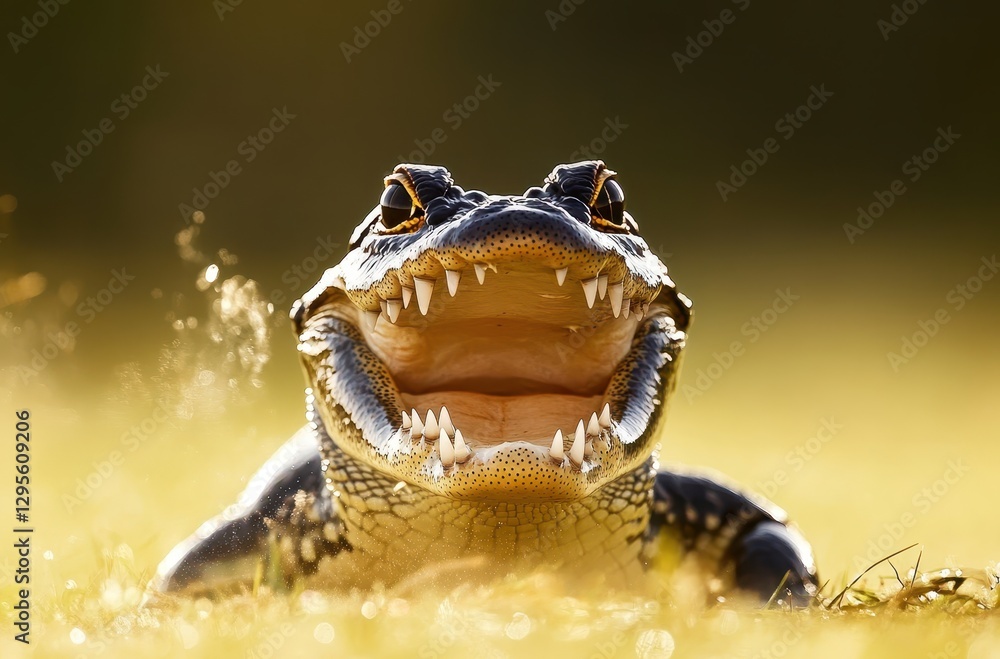 Poster close-up portrait of a smiling alligator with sharp teeth highlighted against a blurred natural back
