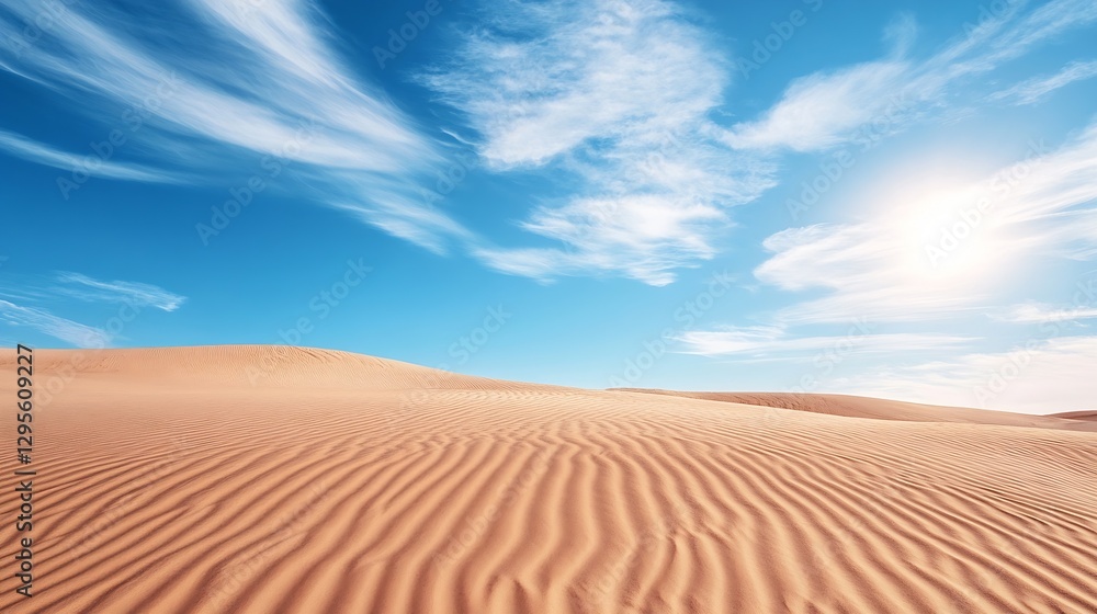 Poster expansive desert landscape showcasing rolling dunes under a bright blue sky with fluffy clouds : gen