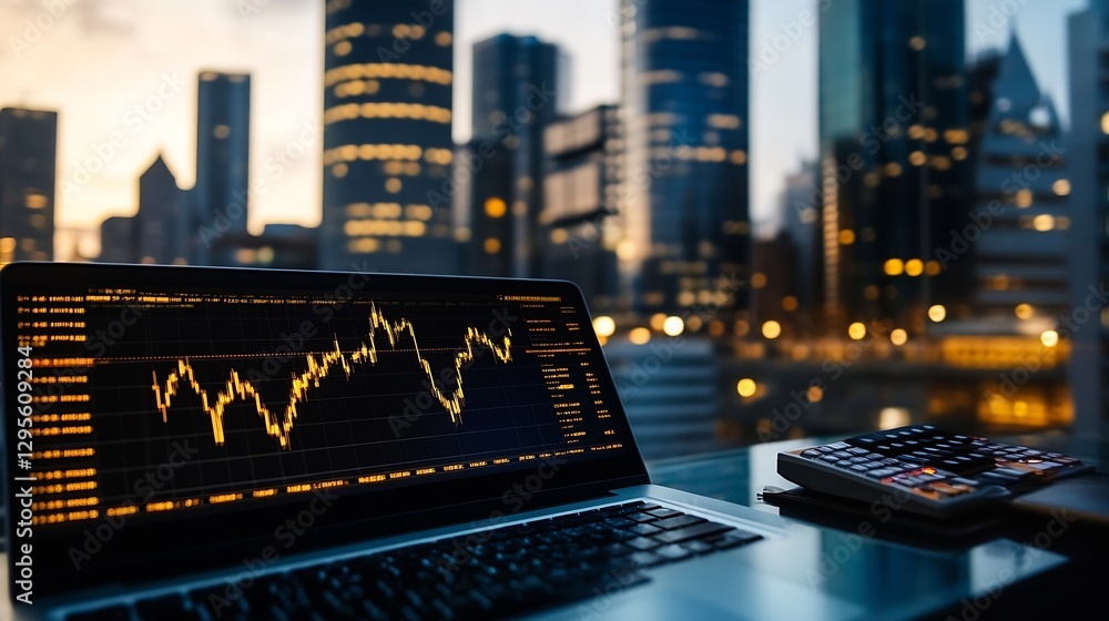 Leinwandbilder laptop displaying stock market trends and financial data with urban skyline in the background during