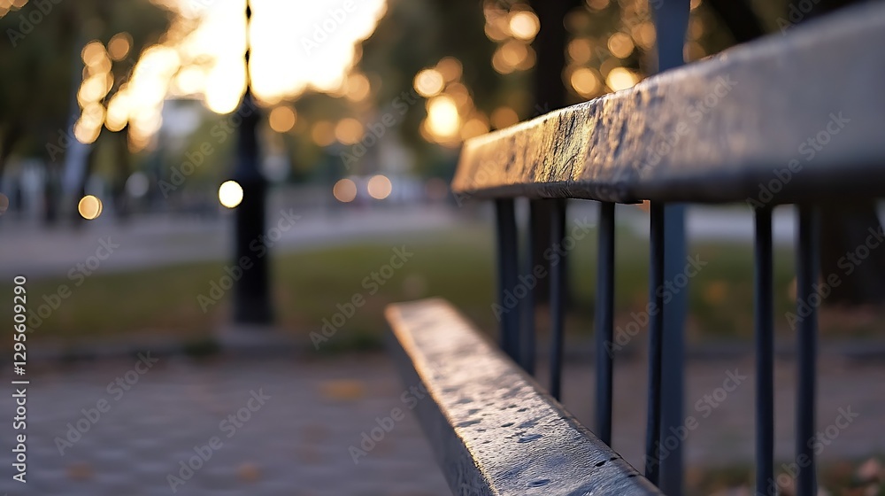 Poster Close up photo of a park bench with a beautiful sunset bokeh in the background creating a tranquil atmosphere : Generative AI