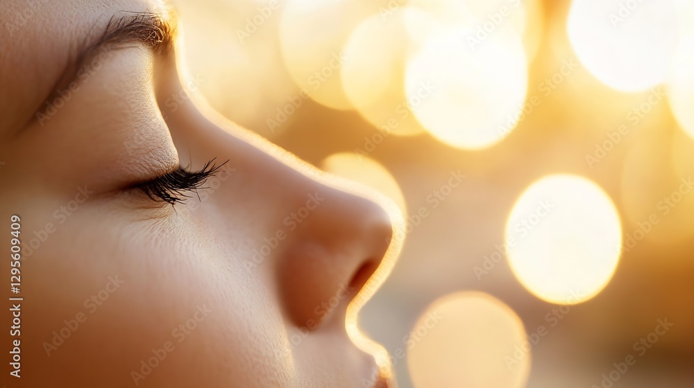 Poster close-up profile of a woman bathed in golden light with soft bokeh effect : generative ai