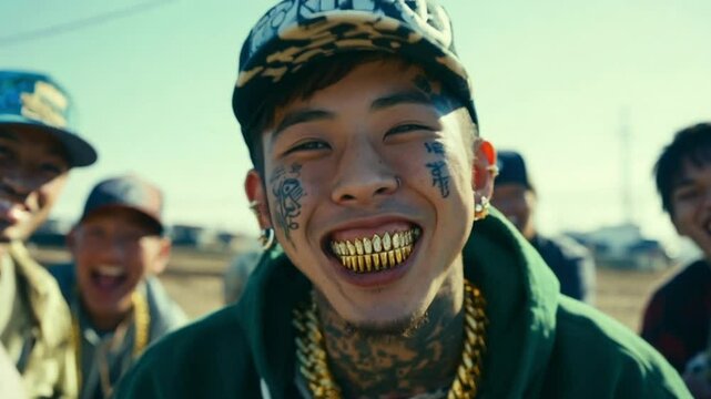 Rapper wearing gold chains smiling