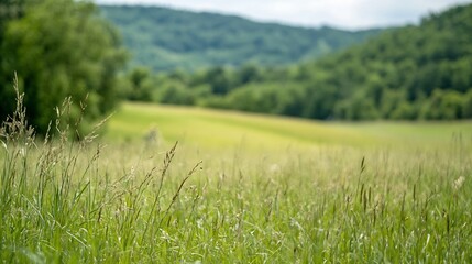 Obraz premium Lush Green Meadow with Rolling Hills Under a Bright Sky : Generative AI