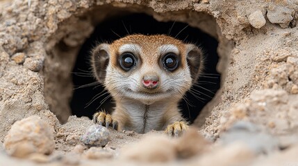 Fototapeta premium A small meerkat peeking out of a hole in the ground