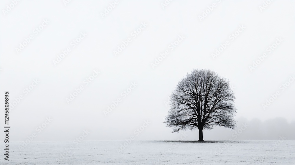 Poster Lonely tree standing in a foggy field under a grey sky creating a minimalist scene : Generative AI