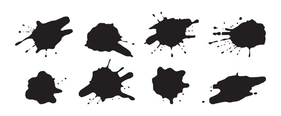 Set of black splatters on a white background. The splatters are of different sizes and shapes. Vector illustrations