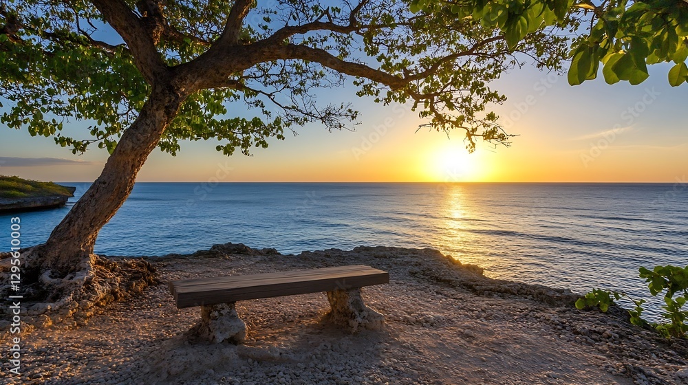 Poster stunning sunset views from clifftop bench under banyan tree overlooking calm ocean waves : generativ