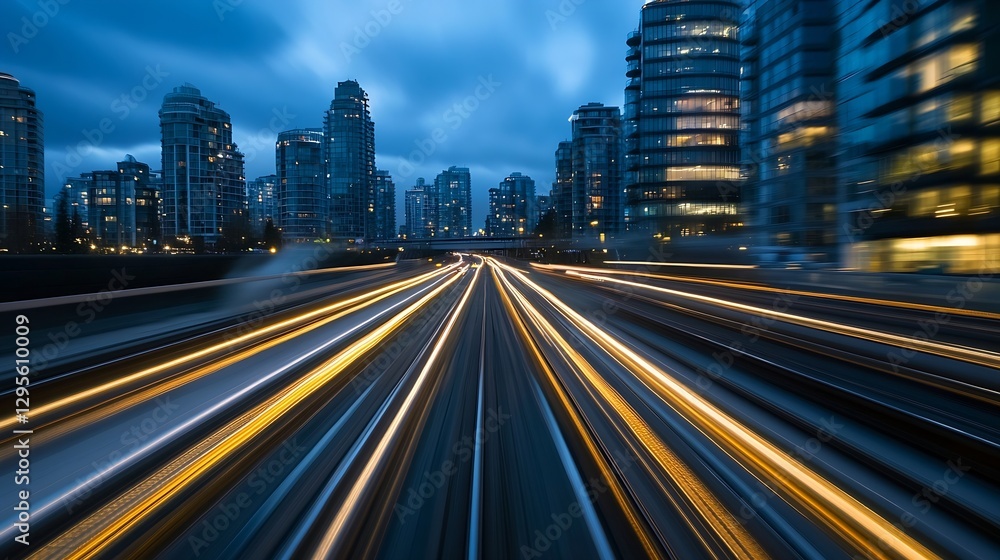 Poster dynamic cityscape at dusk featuring fastmoving light trails on road with modern buildings in the bac