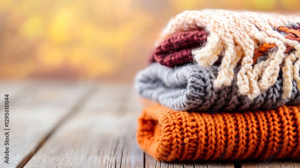 Poster cozy knitted sweaters stacked on rustic wooden surface with warm autumn background : generative ai