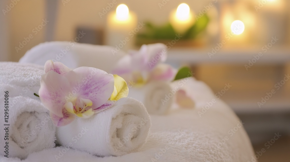 Fototapete serene spa setting with soft towels relaxing atmosphere and elegant orchid : generative ai
