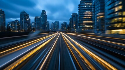 Fototapeta premium Dynamic cityscape at dusk featuring fastmoving light trails on road with modern buildings in the background : Generative AI