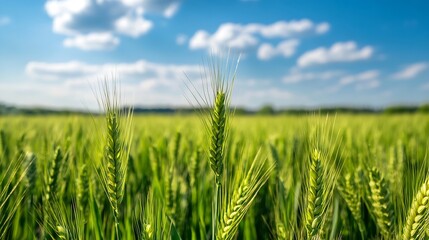 Obraz premium Close up of ripening wheat field under bright blue sky with fluffy clouds in background : Generative AI