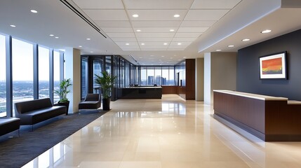Obraz premium Modern Office Interior Featuring Stylish Furniture and Expansive City Views for Professional Spaces : Generative AI